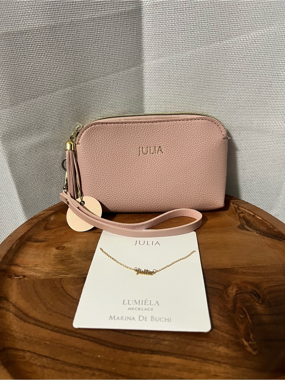Lumiela "Julia" Personalized Necklace Nickel Free Gold Color & Pink Wristlet